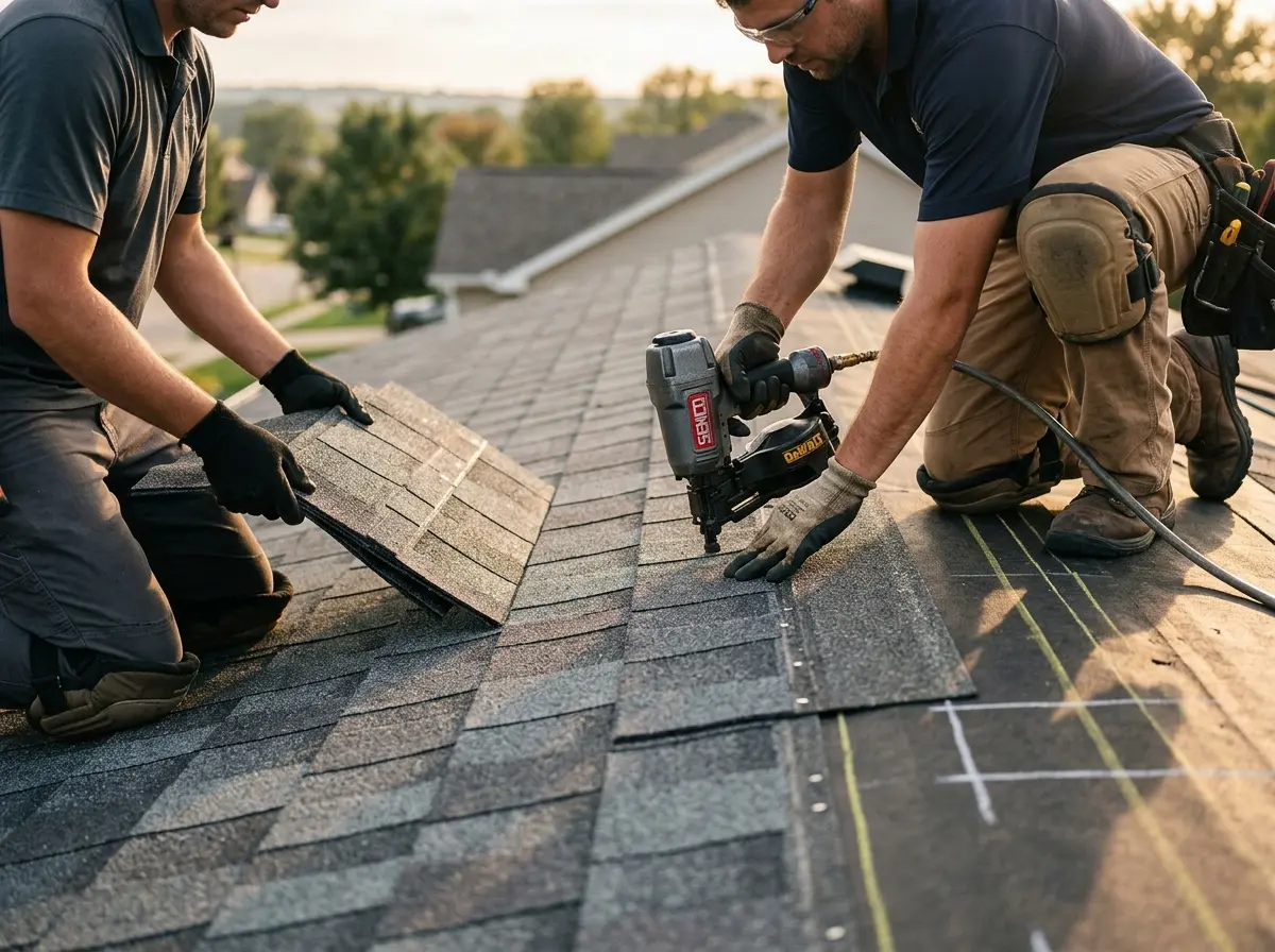 Professional roofer working on a residential roof in Lake Hallie